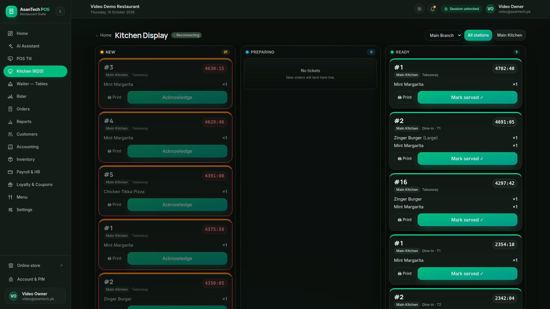 Kitchen Display (KDS) — live tickets by section