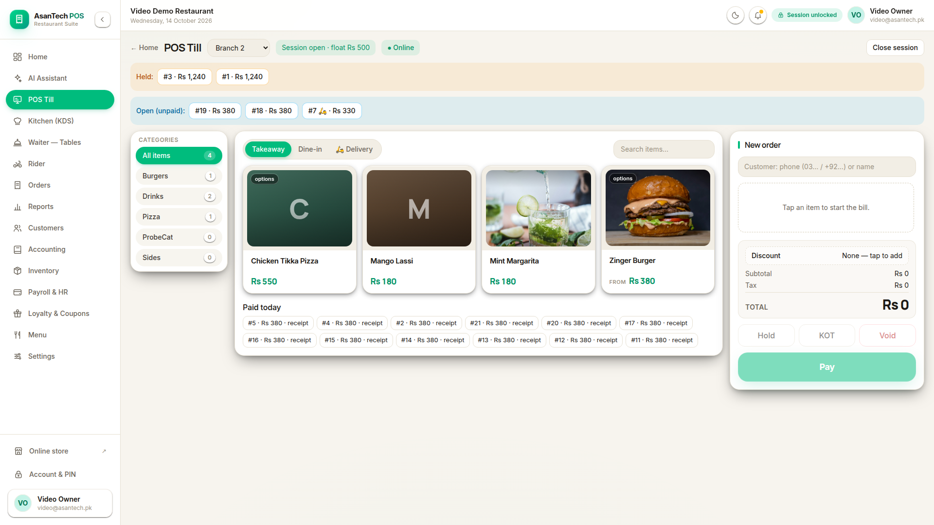 POS Till — photo tiles, full item names, held and open bills